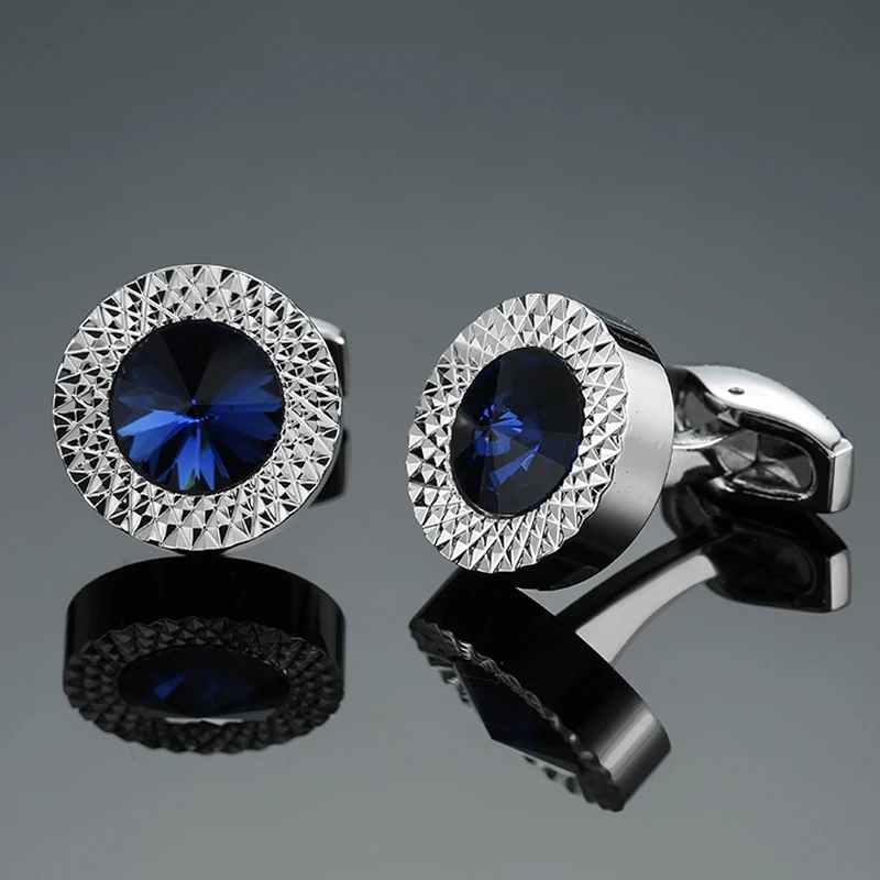 DY Brand new high end luxury design Silver Carved Austria Blue Crystal Cufflinks Men's French