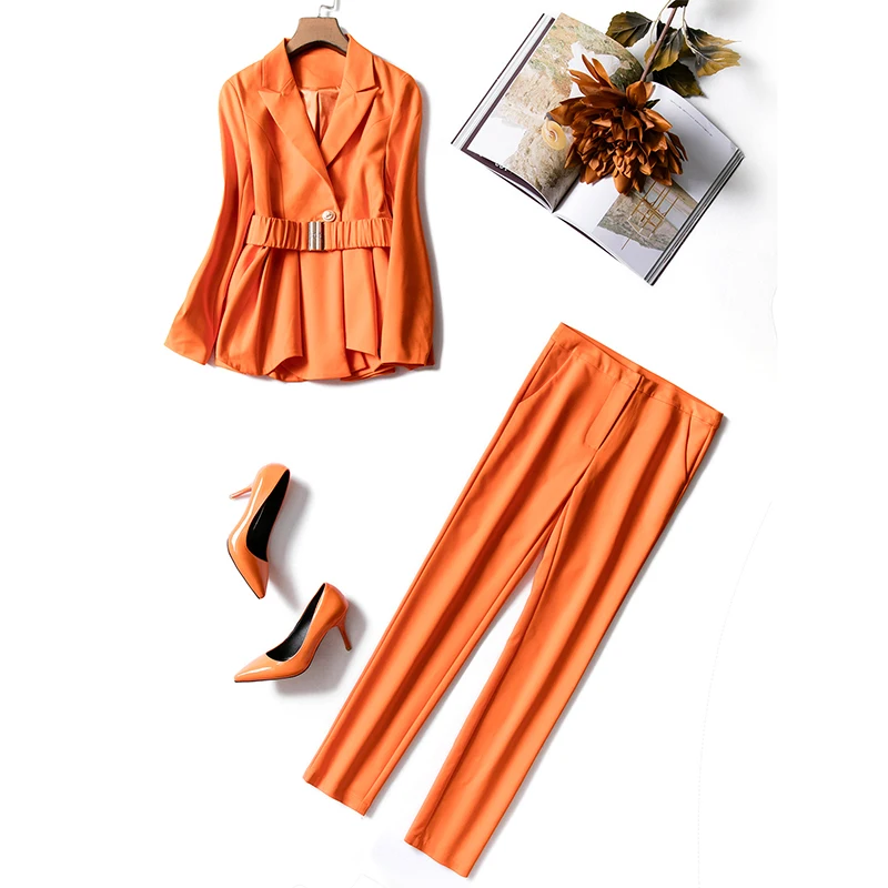 

Twin Sets Ruffled Jacket Pencil Pants Plus Size Suit Slim Two Pieces Sets European American Women High Street Style Orange Chic