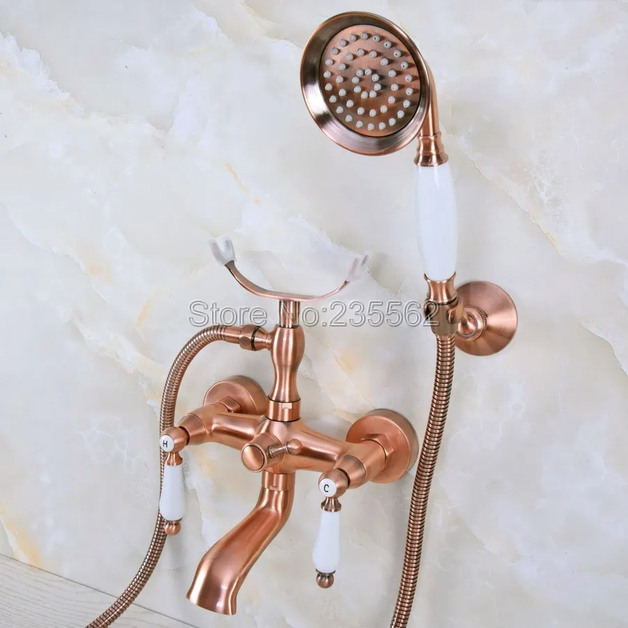 

Antique Red Copper Wall Mounted Swivel Spout Double Handles Bathroom Clawfoot Tub Faucet Mixer Tap W handshower Lna375