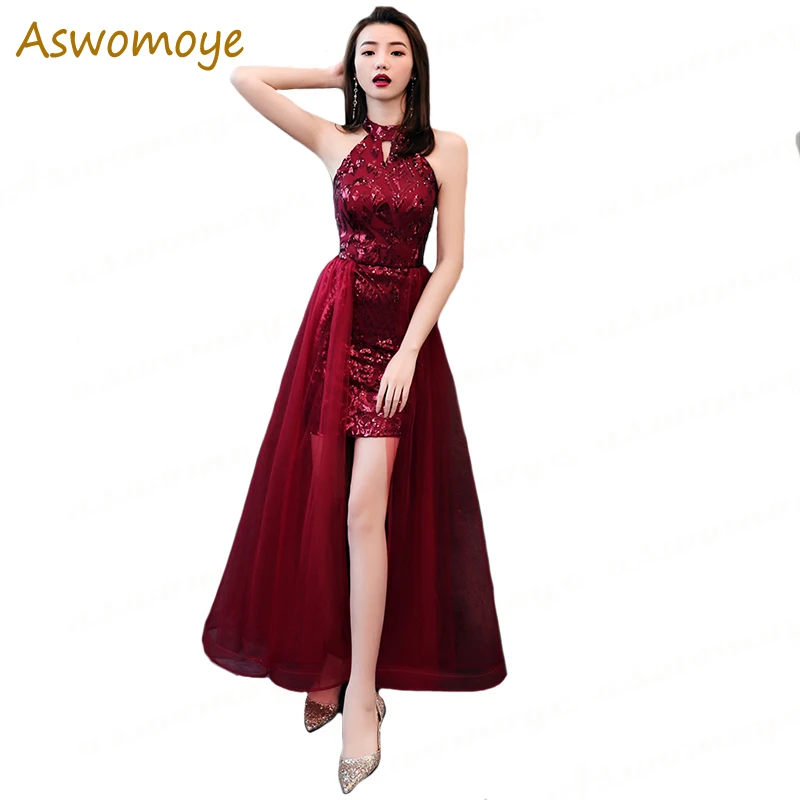 

Evening Dress 2019 Spring New Fashion Sleeveless Off the Shoulder Short Front Long Back Wine Red Prom Party Dresses Haute Coutur