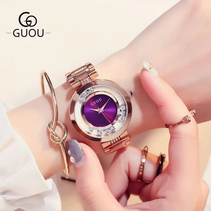 GUOU Женские часы женские часы моды роскошный браслет Часы для Для женщин розовое золото горный хрусталь часы Для женщин Reloj Mujer Saat - Цвет: Фиолетовый