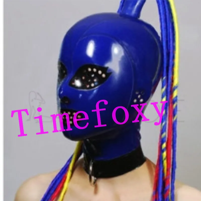 

2019 Latex Face mask Blue with Tube Hairs latex hood Halloween Accessories