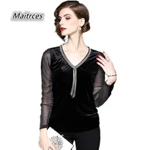 Новинка, Высококачественная модная женская одежда, футболки с длинным рукавом и v-образным вырезом, весенне-осенние сексуальные прозрачные женские футболки TX005