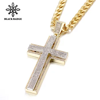 

Double Layer Shining Cross Pendant For Men Iced Out Zircon Charm Silver Color Stainless Steel Cross Necklace Chain Hip Hop