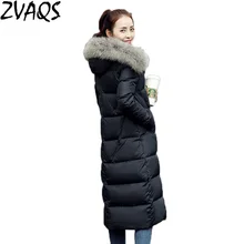 Новые женские Модные вниз пальто куртка длинный тонкий Большой Настоящее енота меховой воротник с капюшоном зимняя куртка Черный, серый цвет YM434