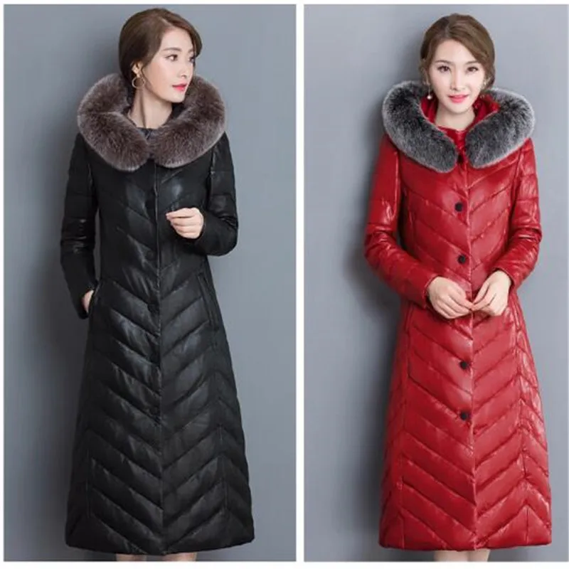 Зимняя Женская Длинная кожаная куртка, верхняя одежда размера плюс, женские куртки высокого качества, воротник лисы, уплотненный пуховик из искусственной кожи, пальто