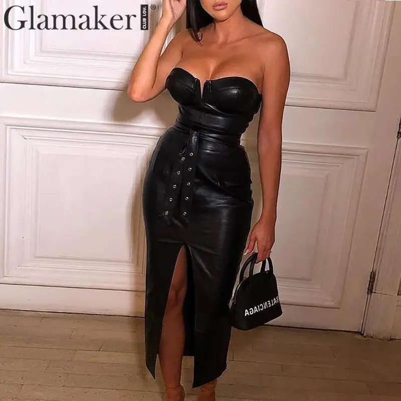 Женское платье миди Glamaker Черное длинное из искусственной кожи без бретелек с