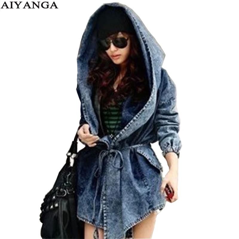 

Autumn Loose Hooded Cardigan Jeans Coat Winter Outerwear 2018 Women Denim Trench Female Fashion Overcoat AIYANGA