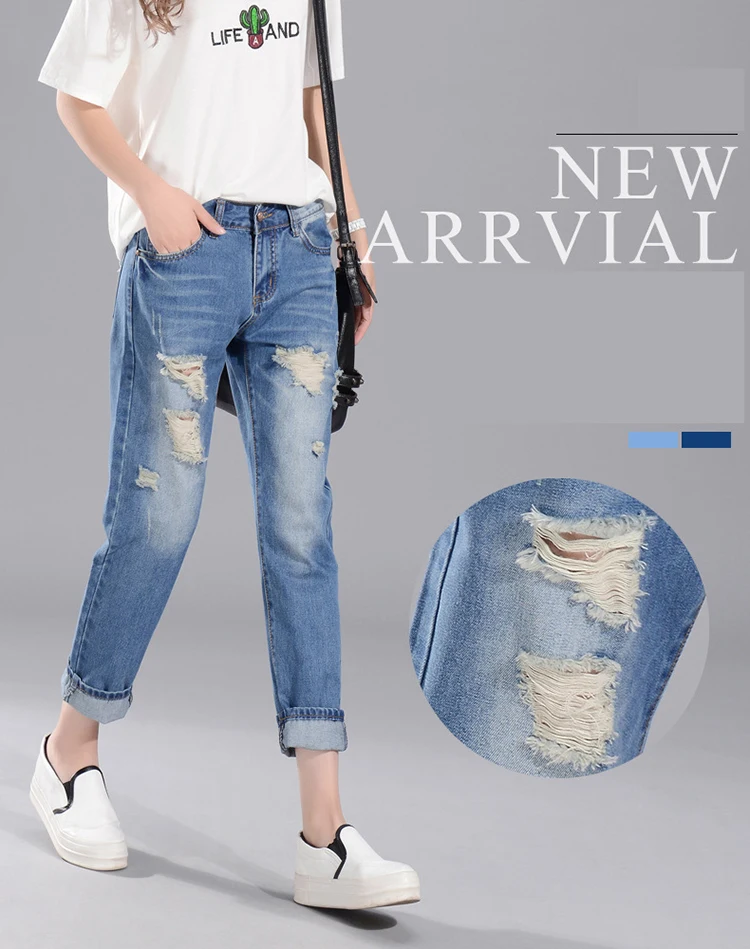 Для женщин шаровары сезон: весна–лето джинсовые узкие брюки со средней талией, Искусственно состаренная, с дырками, линия патч печати для леди на лодыжке Длина джинсы