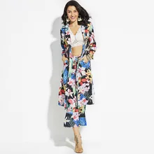 Young17 Vacation Women Coats Green Spring Color Block Floral Print Beach Look Notched Lapel Loose Outwear Loose Trench Coats