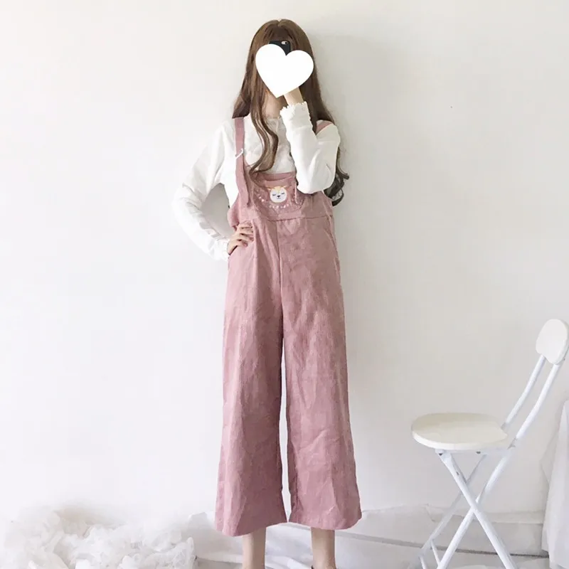 Комбинезоны для женщин для осень BF мода Сладкий Kawaii школы Ulzzang s Harajuku Свободные Досуг мультфильм вышивка вельветовый комбинезон