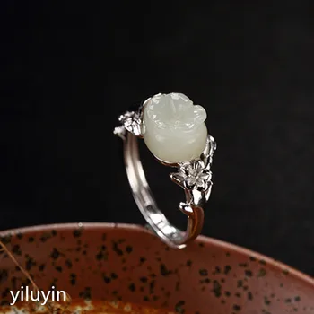 

KJJEAXCMY boutique jewelry S925 Sterling Silver Antique inlaid and Tian Yu White Jade Flower lady high-end open ring ring