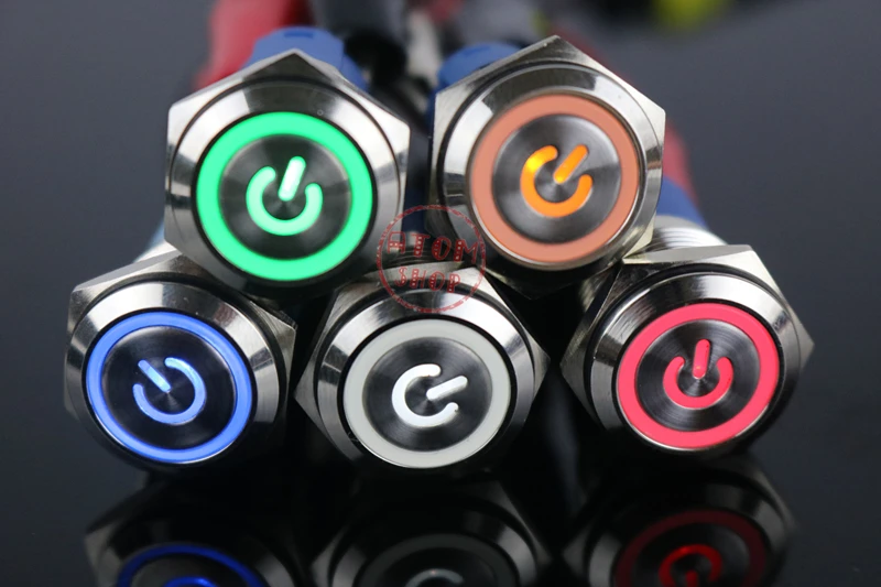 1 шт. металлический кнопочный переключатель с подсветкой 16 мм с плоской головкой, саморегулируемая кнопка сброса, водонепроницаемый красный, зеленый, белый, синий, этикетка питания