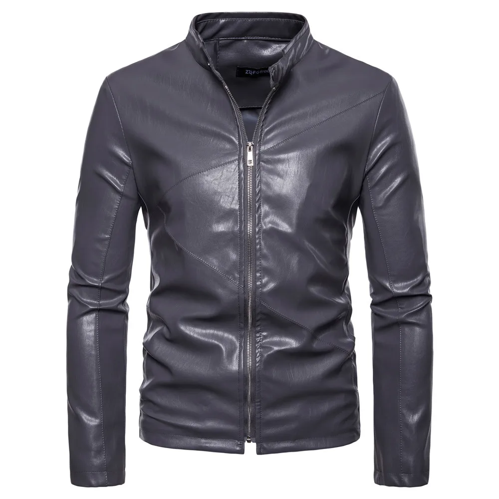 Мужская классическая байкерская куртка из искусственной кожи на молнии, Повседневная приталенная куртка с длинным рукавом темно-синего цвета, M, импортные товары, осень, стиль M - Color: Gray
