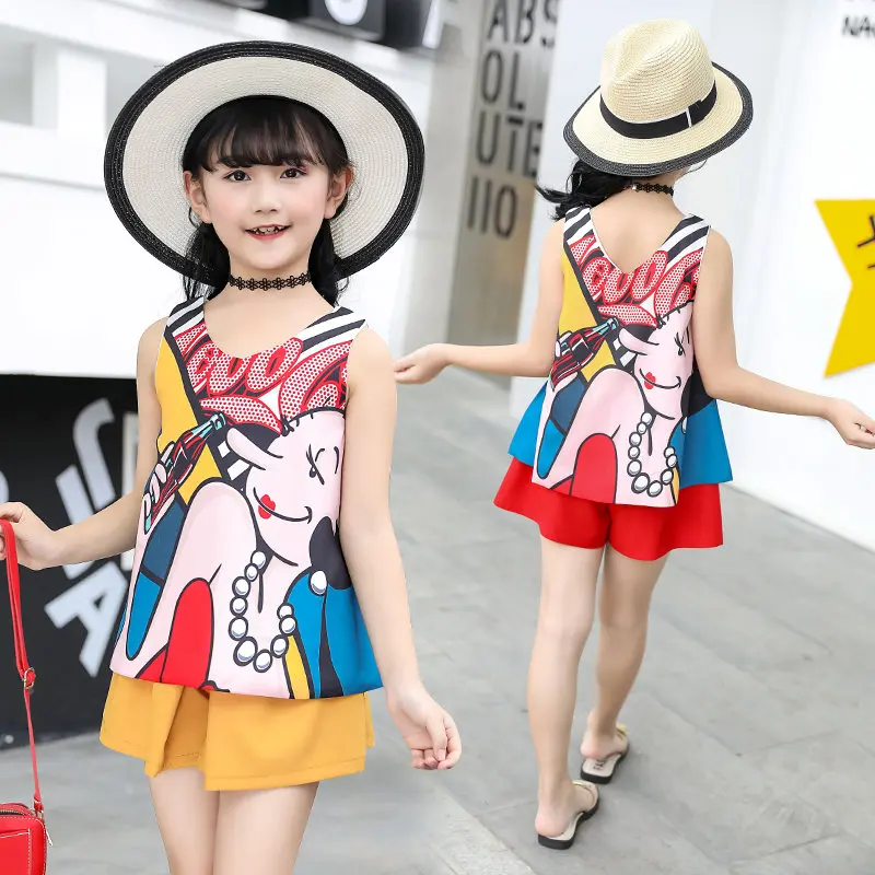 

Fancy Summer Kids Girl Backless Cartoon Female Street Tops & Shorts Clothing Set 2 Pieces Children Mini Coke Bottles Clothes