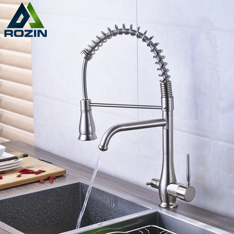 

New Design Bathroom Kitchen Pure Water Faucet Dual Handle Spring Pull Down Kitchen Mixer Taps with Bracket
