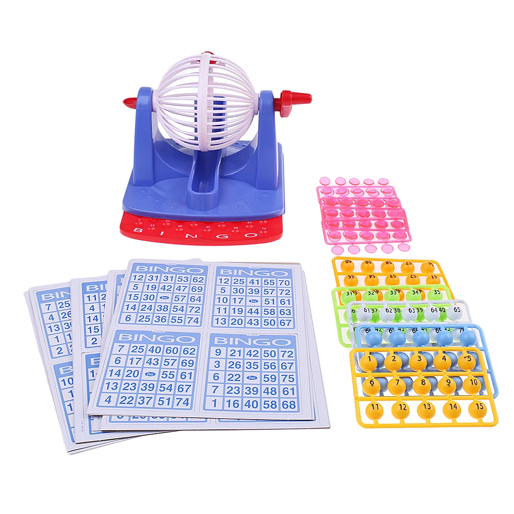 

Plastic Bingo Game Set Bingo Chips Board with Cage Card and Balls Full Game for Kids Children Family Fun Games