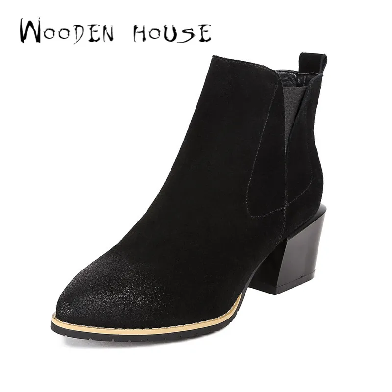 

2017 Spring New Fashon Square Heel Chelsea Boots Cow Nubuck Leather  For Women Pointed Toe 2 Colours Women Shoes Ankle Boots