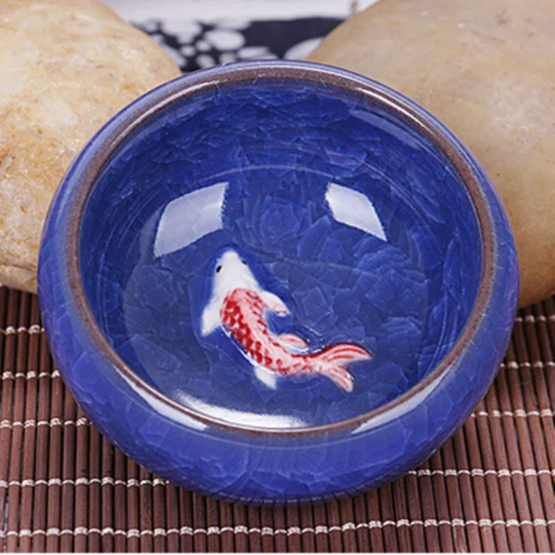 Chinese Kung Fu Tea Cup Set ice crackled Glaze Ceramic cup Travel Tea Bowl Wine Cup Sets with Golden Fish Porcelain mugs 6pcs