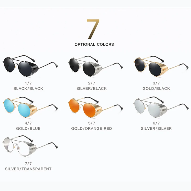 Черные металлические винтажные готические стимпанк Солнцезащитные очки для мужчин и женщин с боковым покрытием зеркальные черные ретро круглые солнцезащитные очки