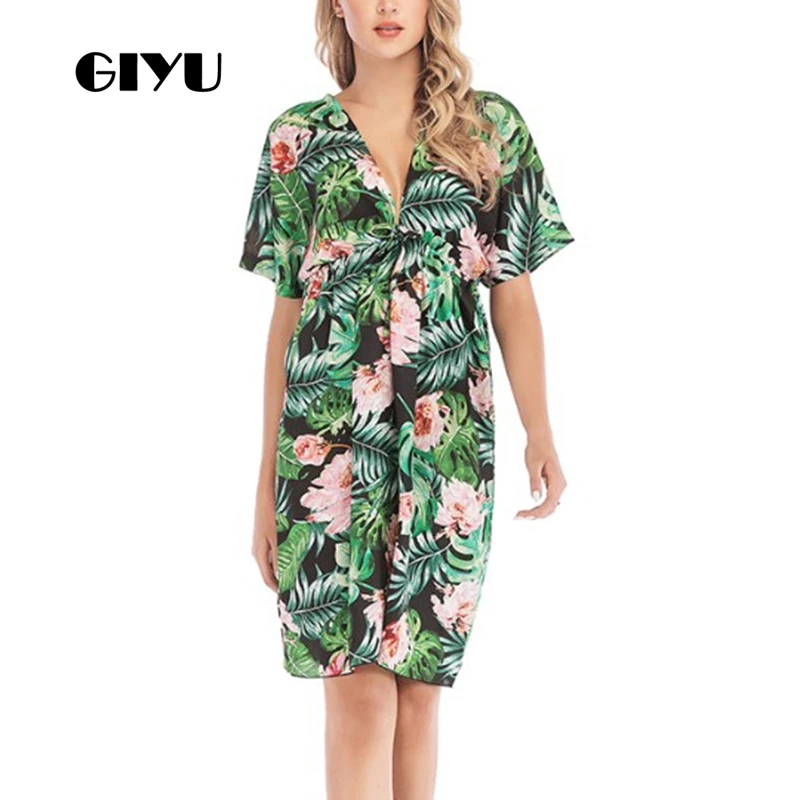 

GIYU Women Sexy Backless Dress Short Sleeve V Neck Holiday Mini Dresses Casual Loose Vestido Beach robe femme