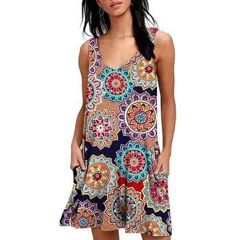 

HOT 2020 Women Beach Dresses Summer Ladies Casual Loose Cover Ups Rose Print Sleeveless Pocket Beachwear Mini Bathing Suit