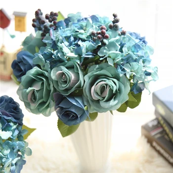 

Artificial Flowers Blue Rose Silk Flower Bouquet for Home Decoration 1 Bunch 6pcs Hydrangea Fake Flower with Plants Berry
