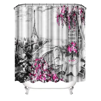 

Romantic Paris European City Landscape France Eiffel Tower Black White and Violet Modern Art Flowers Waterproof Shower Curtain