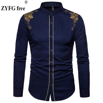 

Men's Long Sleeved shirt New Arrivals Chinese style Fashion tops stand neck embroidery pattern Cotton Casual shirts EU/US size