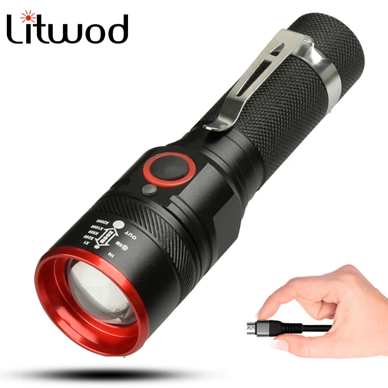 

litwod Z201511 5200LM USB Rechargeable Flashlight XML-T6 Led Flashlight Zoomable 4 modes torch for 18650 with USB cable Camping