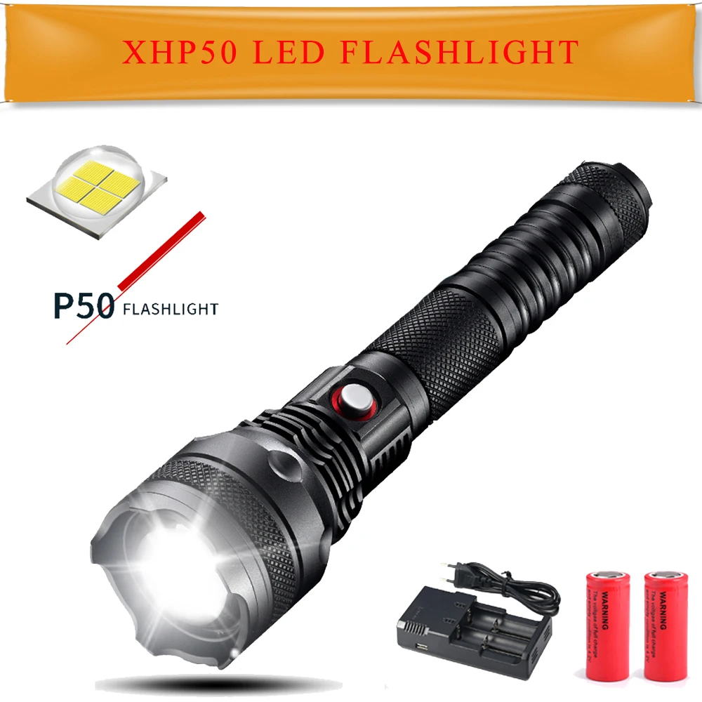 

XHP50 XHP70 Flashlight Tactical LED Torch Light 26650 Rechargeable Battery Aluminum Lamp Cup Direct Charging Powerful Flashlight