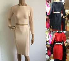 Stretch Knit 2016 new winter Beige long sleeve Two Piece Set Cocktail party Bangage Dress