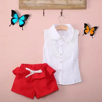 

2016 Girls Summer Casual Clothes Set Children Short Sleeve Lace shirt Pants Suits Kids Clothing Sets