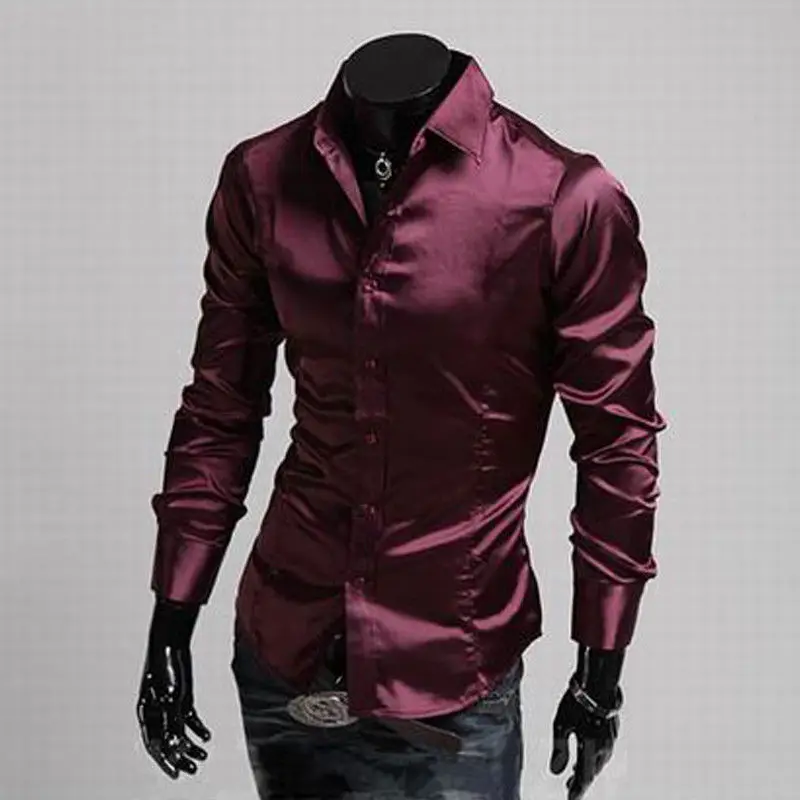Мужская Повседневная рубашка с длинным рукавом, роскошные свадебные шелковые Атласные Рубашки, Топы, Мужская брендовая одежда, Camisa Masculina - Цвет: wine red