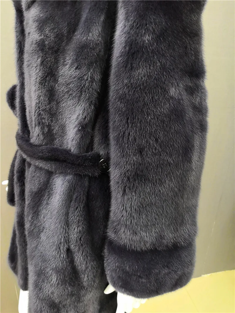 Настоящее Норковое меховое женское длинное тонкое пальто с капюшоном и поясом с длинными рукавами зимняя теплая Толстая цельная норковая меховая Толстая куртка