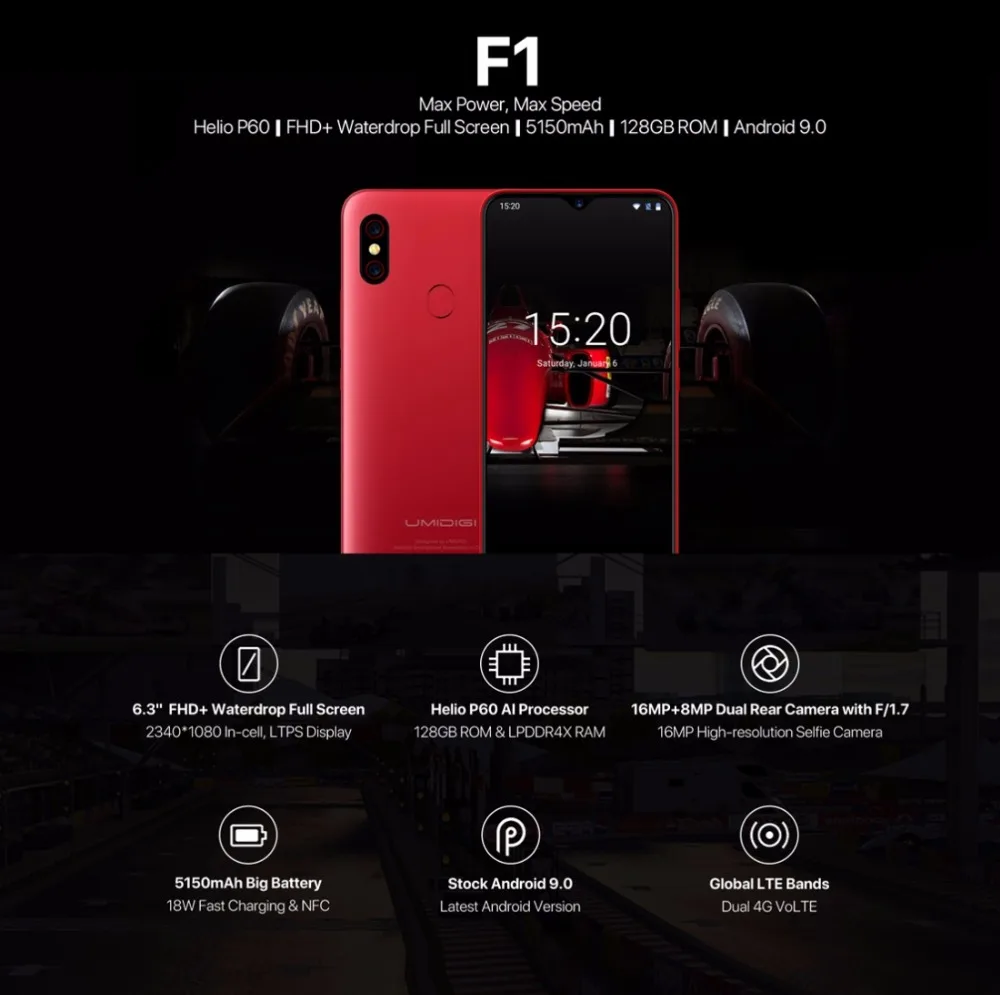 UMIDIGI F1 Android 9,0 128 Гб rom 4 Гб ram 6," FHD+ Helio P60 5150 мАч большая батарея 18 Вт Быстрая зарядка смартфон NFC 16 Мп+ 8 МП телефон