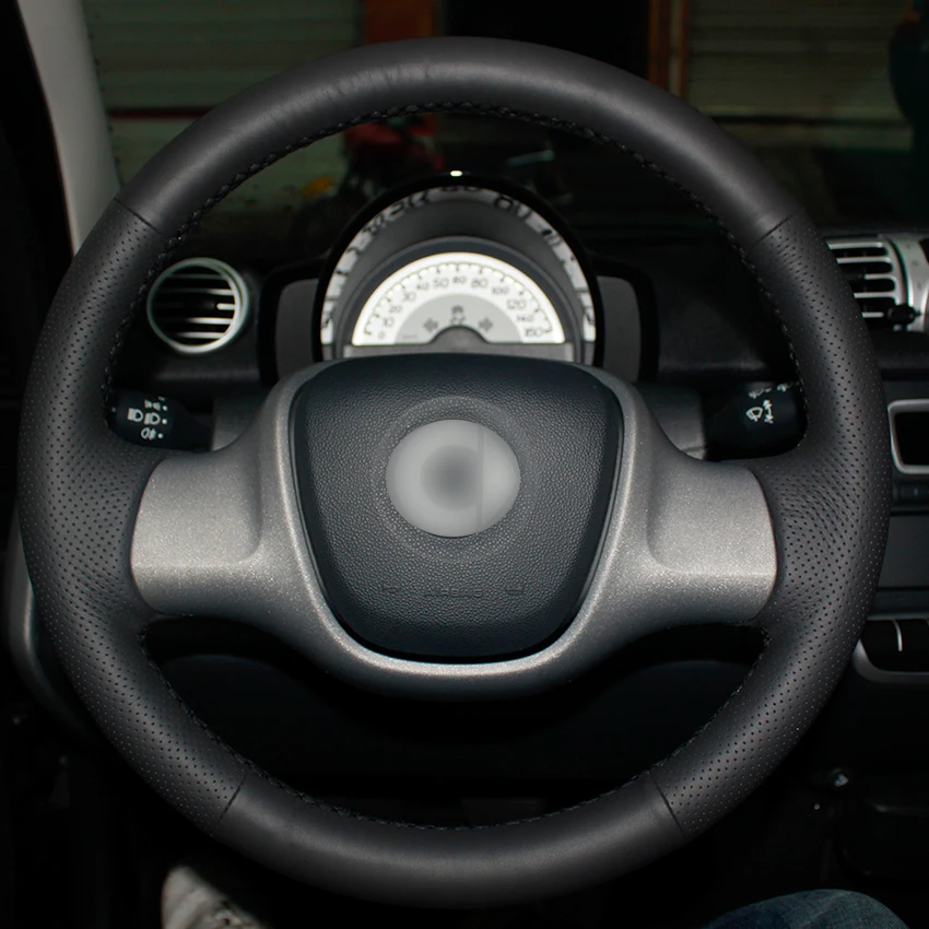 Black Natural Leather Car Steering Wheel Cover for Mercedes Benz Smart
