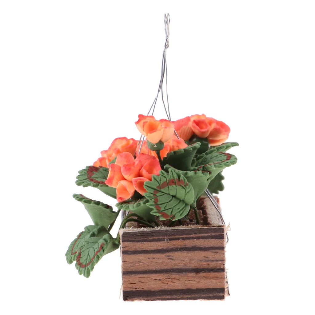 Miniature Hanging Flowers with Wooden Basket Flowerpot Basket Set for 12th Doll House Living Room Balcony Life Scenes Decoration