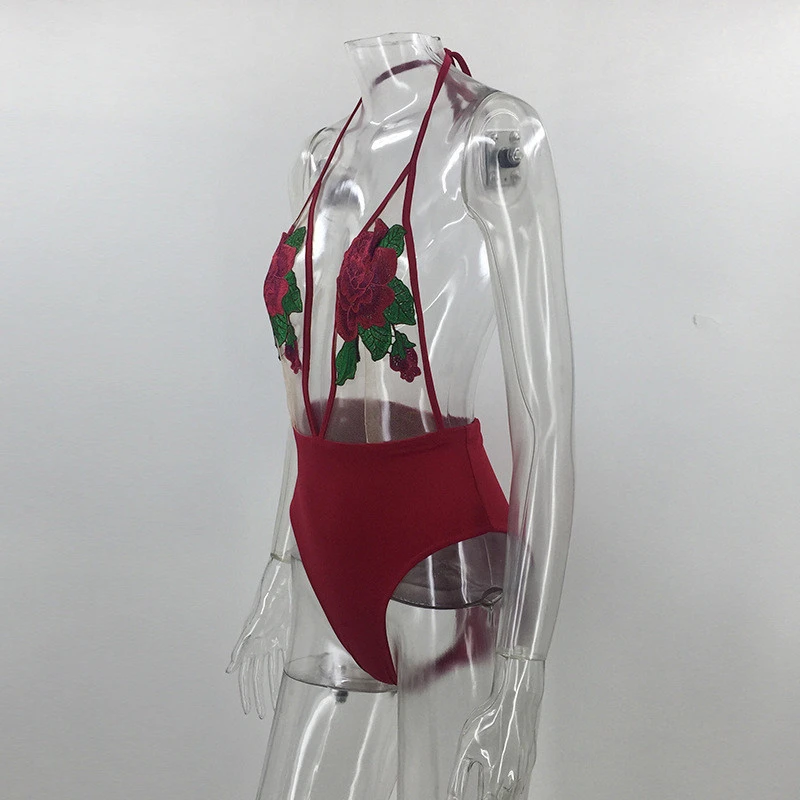 Сексуальные Прозрачные Пляжные боди с вышивкой в виде роз, женский эластичный сетчатый комбинезон с лямкой через шею, комбинезоны, комбинезоны, летний купальник