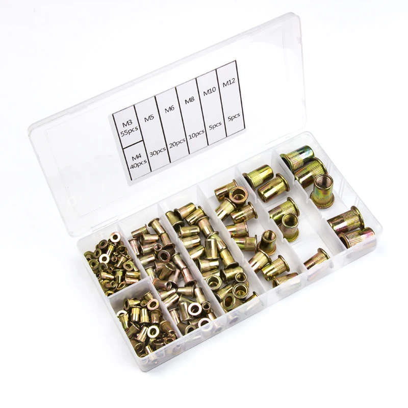 

165Pcs Flat Metric Threaded Rivet Nuts Zinc Plated Knurled Insert Nutsert Cap Rivet Nut M3/M4/M5/M6/M8/M10/M12 Fastener Kit