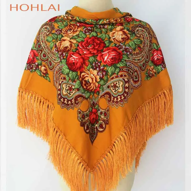 Роскошный бренд, русская мода, женский классический шарф с кисточками, цветочный принт, шаль, подарок, хлопок, для девушек, теплая, квадратная обёрточная бумага, солнцезащитный козырек, шарфы - Цвет: 01-4
