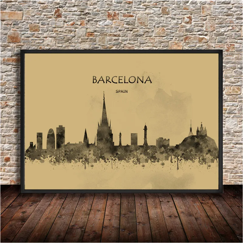

Abstract Watercolor City Building BARCELONA Spain Painting Poster Krafts Paper Wall Sticker Home Decor Living Room Bar Cafe