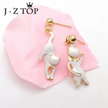 JZTOP Lady Classic Black White Cat Stud Earrings Cute Imitation Pearl Asymmetric Animal Earring For Woman Oorbellen Girl Jewelry
