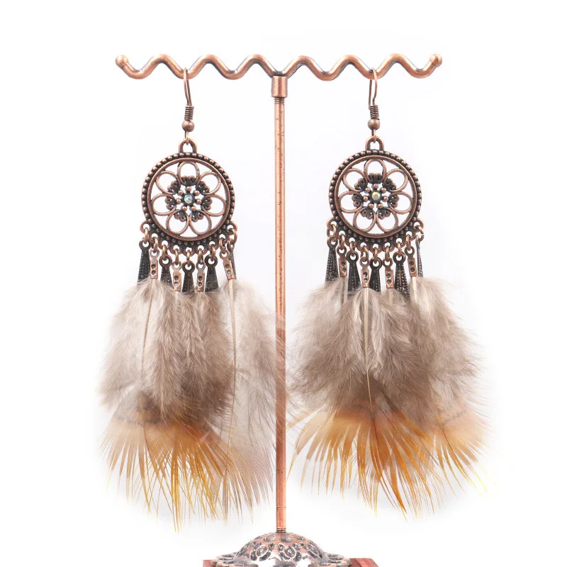 

Fashion Round Hollowed-out Flower With Crystal Earrings Feather Chain Tassel Earrings For Women Exaggerated Jewelry