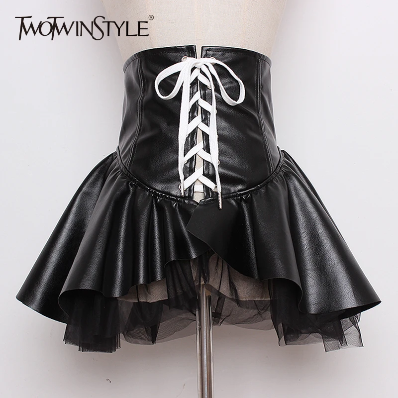 

TWOTWINSTYLE PU Leather Female Belt Zipper High Waist Lace Up Patchwork Mesh Women's Wide Belts 2019 Autumn Fashion Clothing New