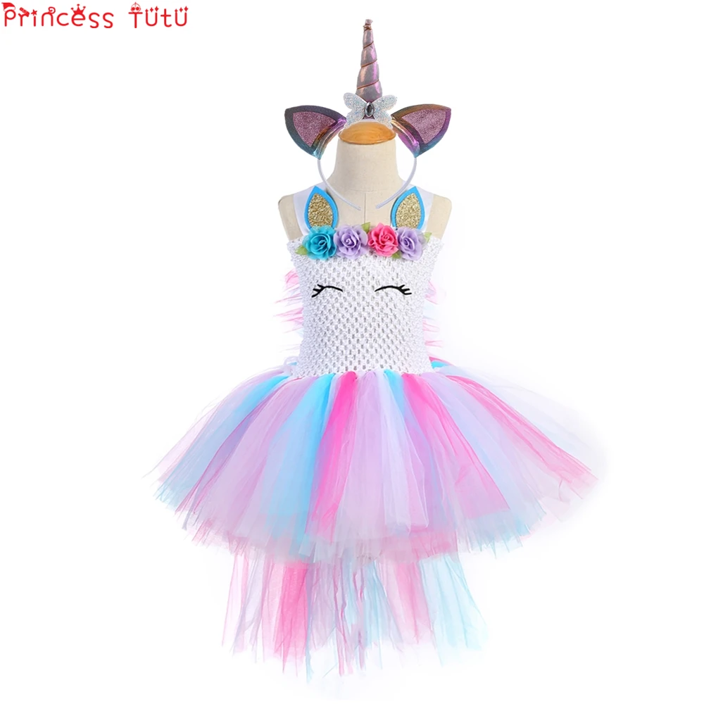 

Rainbow Colorful Kids Girl Unicorn Birthday Party Tutu Dress With Unicorn Headband&Train Toddler Baby Fancy Halloween Costume