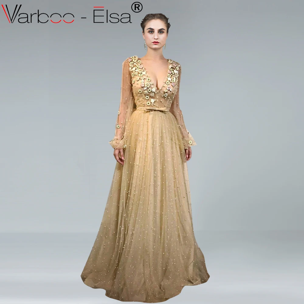 VARBOO_ELSA 2018 Новое Элегантное Длинное Платье из фатина цвета шампанского для