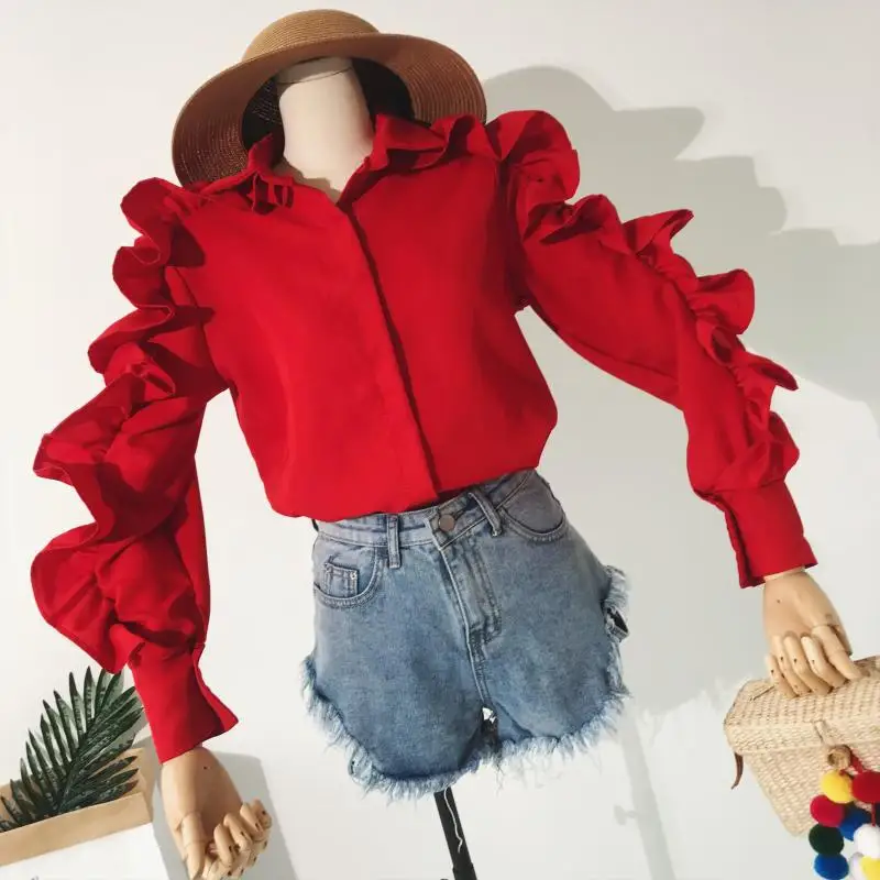

Chic Women Ruffles Shirts Long Sleeved Zippers Lotus Pleated Blouses Turn-down Collar Single-breasted Tops