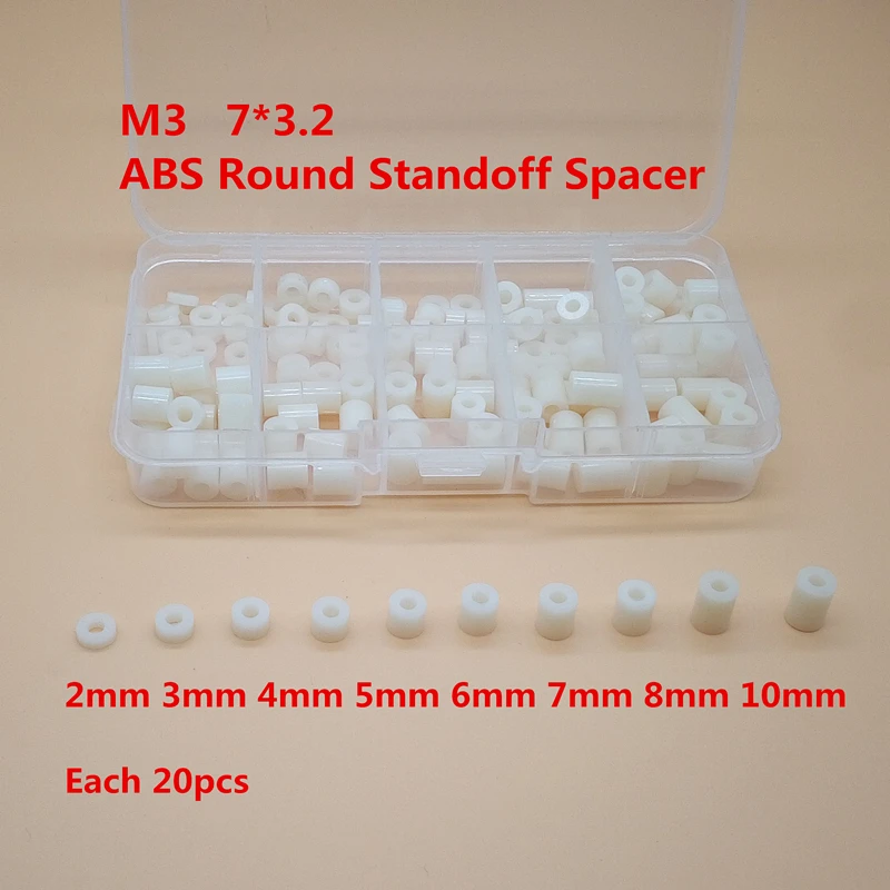 140 шт./лот M3* л(L = 2/3/4/5/6/7/8/10 мм) АБС-пластик нейлон круглый стоек распорку, печатной платы Spacer OD(7 мм) X ID(3,2 мм)* L