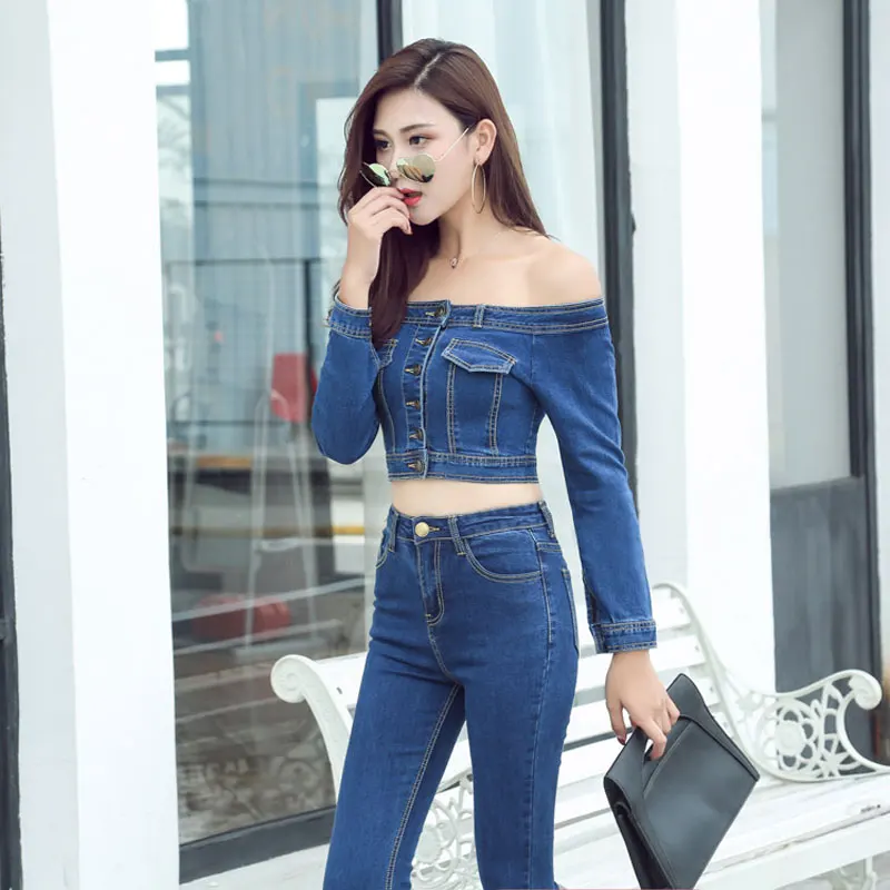 

Women Slash Neck Denim Short T-shirt Casual Jean Crop Tops Longsleeve Shorts Outfits Vintage Off Shoulder Denim Top Plus Size 90